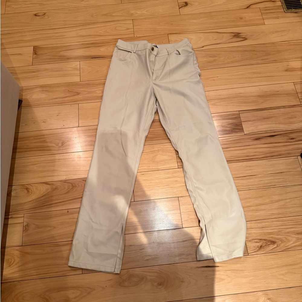 Vegan Leather Cream Straight-Leg Pants